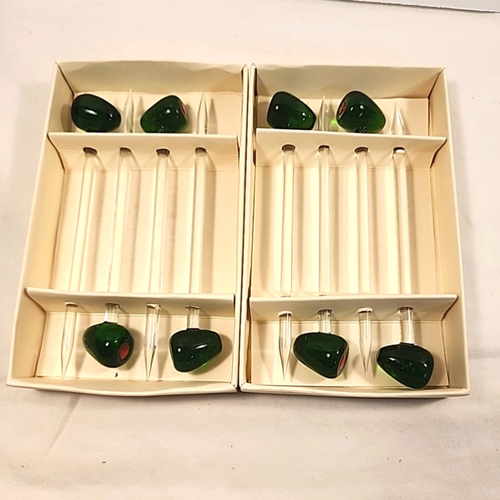 Vtg 8 x Glass Olive Picks Martini Handblown Stir Sticks Two Sets of 4 Orig Boxes